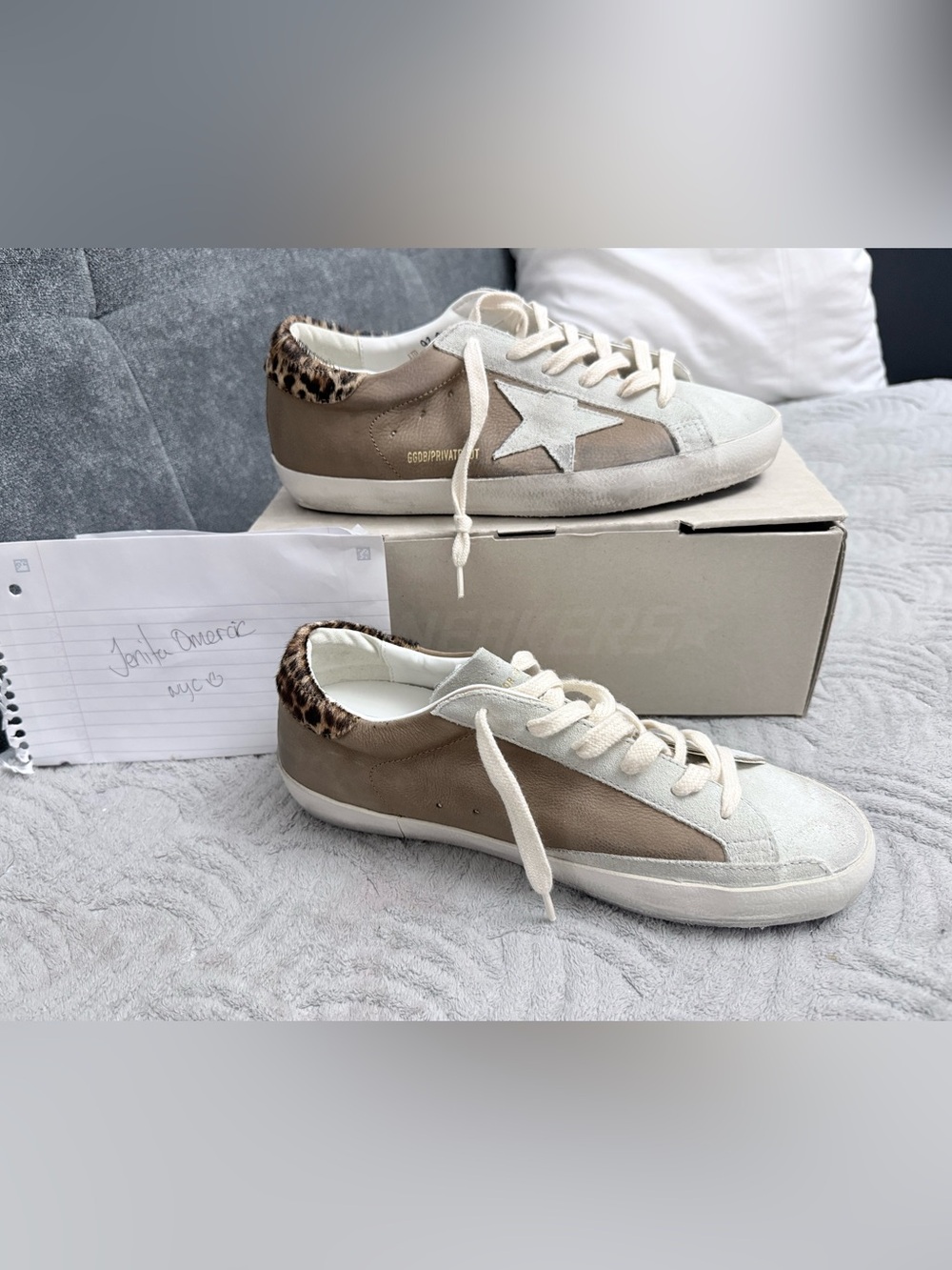 Golden Goose Taupe Leather Sneakers with White Star & Leopard Heel